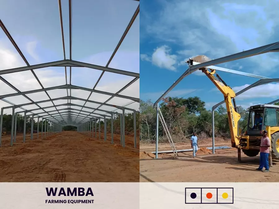 Steel structure with excavator and staff.