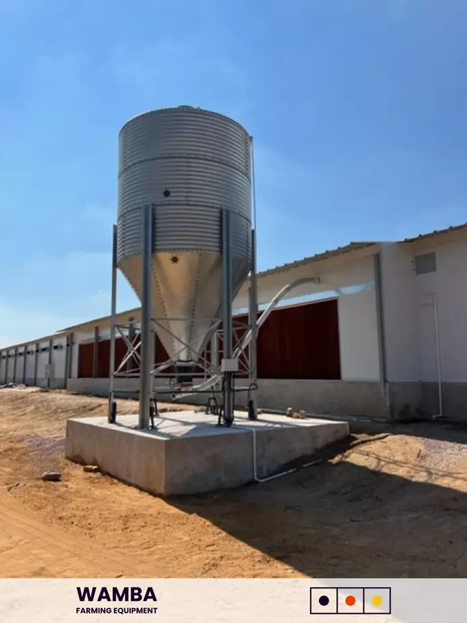 Feed storage silo on concrete footing.