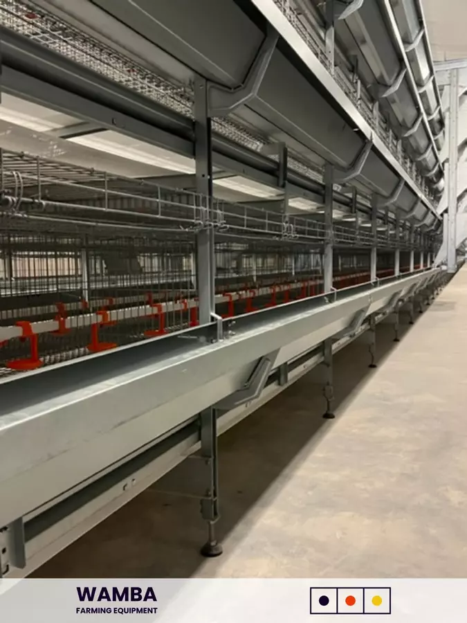 Cage system with horizontal feed trays.